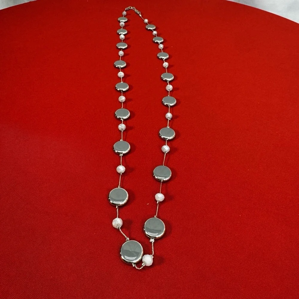 Y2K Silver Tone Long Necklace With Gray Enamel Circles
